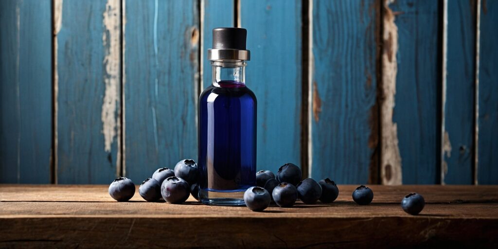 Une image de myrtilles fraîches sur une table en bois, accompagnées d'une bouteille d'e-liquide à la myrtille.