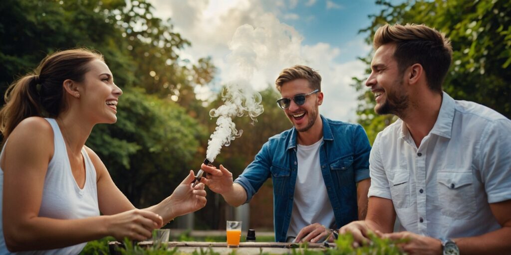 Un groupe de jeunes riant et vapotant en plein air, avec une variété de e-cigarettes, certains avec des box mod, d'autres avec des pods et des systèmes de vape haut de gamme.